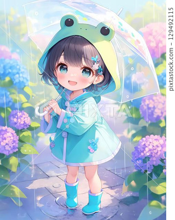 Cute chibi character illustration smiling while holding a plastic umbrella Cute chibi character illustration smiling while holding a plastic umbrella 129492115