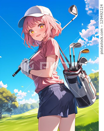 A pink-haired girl turns to look at us with a smile on a sunny day at the golf course 129492124