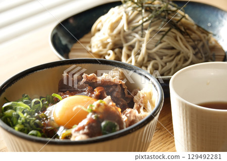 Local cuisine: Omi beef mini beef bowl with green onions and egg and 100% buckwheat soba noodles set Local cuisine: Omi beef mini beef bowl with green onions and egg and 100% buckwheat soba noodles set 129492281