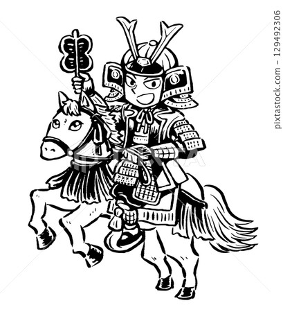 A warrior in armor riding a white horse, monochrome line drawing 129492306