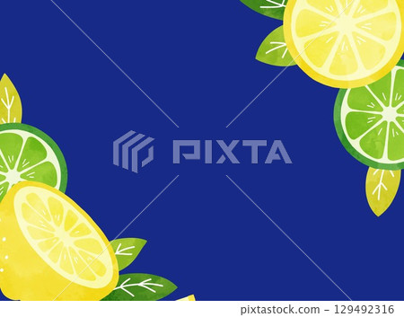 一幅簡單而清爽的夏季框架插圖，以水彩畫在海軍藍色背景上的檸檬和酸橙 129492316