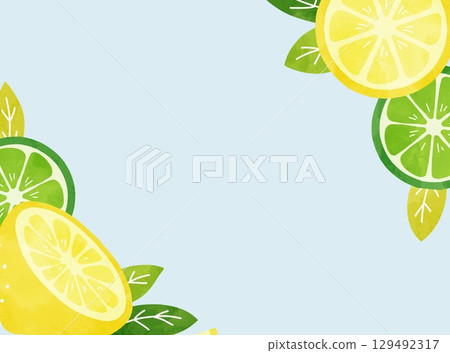 淺藍色背景上用水彩畫的檸檬和酸橙的簡單而清爽的夏季框架插圖 129492317