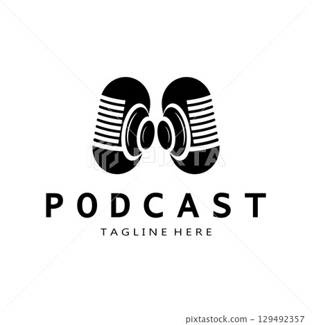 podcast logo with microphone and earphone audio, radio waves. for studio, talk show, chat, information sharing, interview, multimedia and web. 129492357