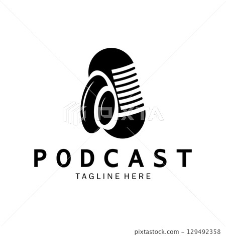 podcast logo with microphone and earphone audio, radio waves. for studio, talk show, chat, information sharing, interview, multimedia and web. podcast logo with microphone and earphone audio, radio waves. for studio, talk show, chat, information sharing, interview, multimedia and web. 129492358