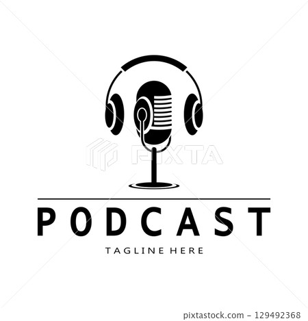 podcast logo with microphone and earphone audio, radio waves. for studio, talk show, chat, information sharing, interview, multimedia and web. podcast logo with microphone and earphone audio, radio waves. for studio, talk show, chat, information sharing, interview, multimedia and web. 129492368
