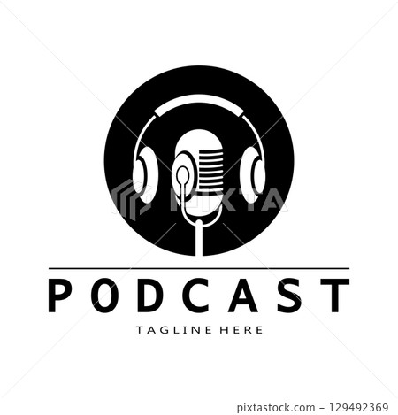 podcast logo with microphone and earphone audio, radio waves. for studio, talk show, chat, information sharing, interview, multimedia and web. podcast logo with microphone and earphone audio, radio waves. for studio, talk show, chat, information sharing, interview, multimedia and web. 129492369