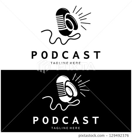 podcast logo with microphone and earphone audio, radio waves. for studio, talk show, chat, information sharing, interview, multimedia and web. 129492376