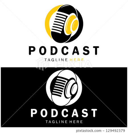 podcast logo with microphone and earphone audio, radio waves. for studio, talk show, chat, information sharing, interview, multimedia and web. podcast logo with microphone and earphone audio, radio waves. for studio, talk show, chat, information sharing, interview, multimedia and web. 129492379