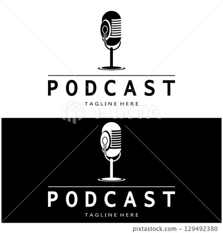 podcast logo with microphone and earphone audio, radio waves. for studio, talk show, chat, information sharing, interview, multimedia and web. podcast logo with microphone and earphone audio, radio waves. for studio, talk show, chat, information sharing, interview, multimedia and web. 129492380