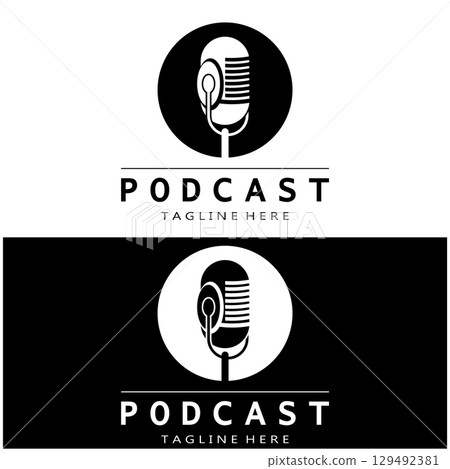 podcast logo with microphone and earphone audio, radio waves. for studio, talk show, chat, information sharing, interview, multimedia and web. podcast logo with microphone and earphone audio, radio waves. for studio, talk show, chat, information sharing, interview, multimedia and web. 129492381
