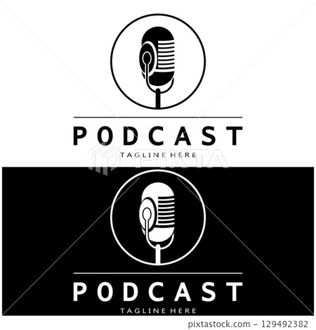 podcast logo with microphone and earphone audio, radio waves. for studio, talk show, chat, information sharing, interview, multimedia and web. 129492382