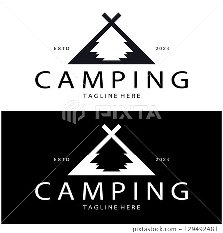 vintage and retro tent logo, camping. With tent, tree and bonfire sign. adventurers, scouts, climbers, camping equipment center 129492481