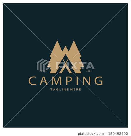vintage and retro tent logo, camping. With tent, tree and bonfire sign. adventurers, scouts, climbers, camping equipment center 129492500
