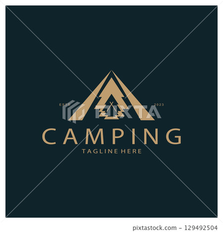 vintage and retro tent logo, camping. With tent, tree and bonfire sign. adventurers, scouts, climbers, camping equipment center 129492504