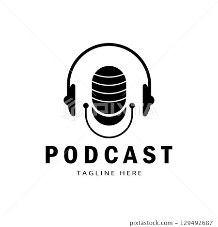 podcast logo with microphone and earphone audio, radio waves. for studio, talk show, chat, information sharing, interview, multimedia and web. 129492687