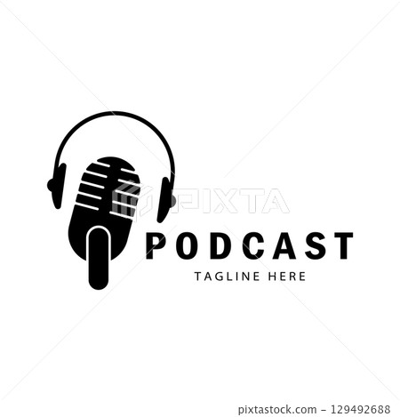 podcast logo with microphone and earphone audio, radio waves. for studio, talk show, chat, information sharing, interview, multimedia and web. 129492688
