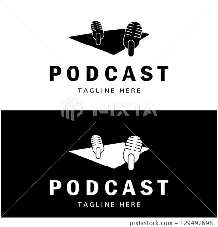 podcast logo with microphone and earphone audio, radio waves. for studio, talk show, chat, information sharing, interview, multimedia and web. 129492698