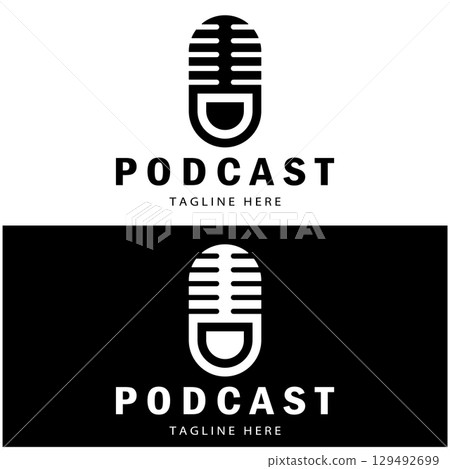 podcast logo with microphone and earphone audio, radio waves. for studio, talk show, chat, information sharing, interview, multimedia and web. 129492699