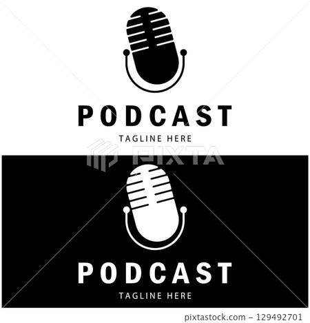 podcast logo with microphone and earphone audio, radio waves. for studio, talk show, chat, information sharing, interview, multimedia and web. podcast logo with microphone and earphone audio, radio waves. for studio, talk show, chat, information sharing, interview, multimedia and web. 129492701