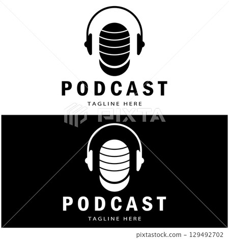 podcast logo with microphone and earphone audio, radio waves. for studio, talk show, chat, information sharing, interview, multimedia and web. podcast logo with microphone and earphone audio, radio waves. for studio, talk show, chat, information sharing, interview, multimedia and web. 129492702