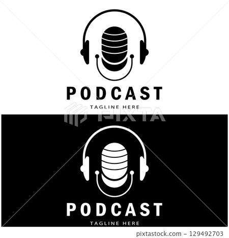 podcast logo with microphone and earphone audio, radio waves. for studio, talk show, chat, information sharing, interview, multimedia and web. podcast logo with microphone and earphone audio, radio waves. for studio, talk show, chat, information sharing, interview, multimedia and web. 129492703