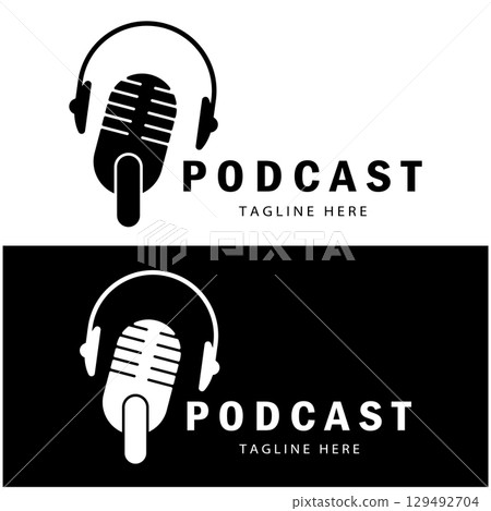 podcast logo with microphone and earphone audio, radio waves. for studio, talk show, chat, information sharing, interview, multimedia and web. podcast logo with microphone and earphone audio, radio waves. for studio, talk show, chat, information sharing, interview, multimedia and web. 129492704