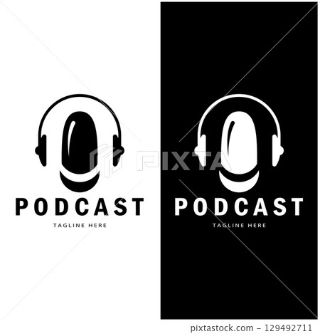 podcast logo with microphone and earphone audio, radio waves. for studio, talk show, chat, information sharing, interview, multimedia and web. podcast logo with microphone and earphone audio, radio waves. for studio, talk show, chat, information sharing, interview, multimedia and web. 129492711