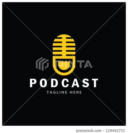 podcast logo with microphone and earphone audio, radio waves. for studio, talk show, chat, information sharing, interview, multimedia and web. podcast logo with microphone and earphone audio, radio waves. for studio, talk show, chat, information sharing, interview, multimedia and web. 129492715