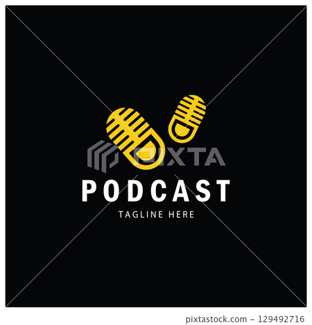 podcast logo with microphone and earphone audio, radio waves. for studio, talk show, chat, information sharing, interview, multimedia and web. podcast logo with microphone and earphone audio, radio waves. for studio, talk show, chat, information sharing, interview, multimedia and web. 129492716