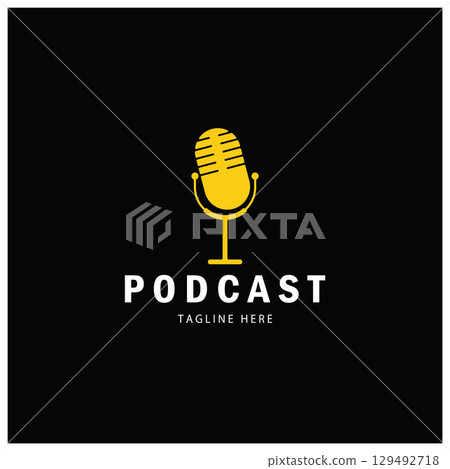 podcast logo with microphone and earphone audio, radio waves. for studio, talk show, chat, information sharing, interview, multimedia and web. podcast logo with microphone and earphone audio, radio waves. for studio, talk show, chat, information sharing, interview, multimedia and web. 129492718