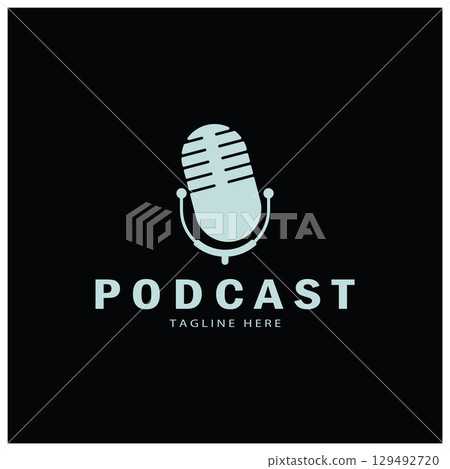 podcast logo with microphone and earphone audio, radio waves. for studio, talk show, chat, information sharing, interview, multimedia and web. 129492720