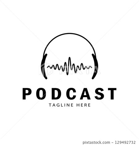 podcast logo with microphone and earphone audio, radio waves. for studio, talk show, chat, information sharing, interview, multimedia and web. 129492732