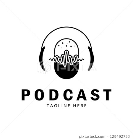 podcast logo with microphone and earphone audio, radio waves. for studio, talk show, chat, information sharing, interview, multimedia and web. podcast logo with microphone and earphone audio, radio waves. for studio, talk show, chat, information sharing, interview, multimedia and web. 129492733