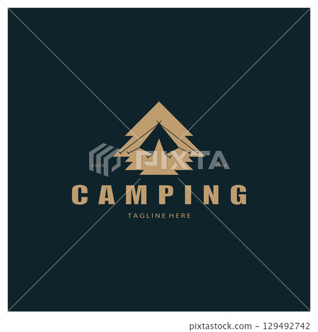 vintage and retro tent logo, camping. With tent, tree and bonfire sign. adventurers, scouts, climbers, camping equipment center 129492742
