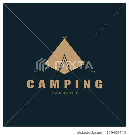 vintage and retro tent logo, camping. With tent, tree and bonfire sign. adventurers, scouts, climbers, camping equipment center 129492743