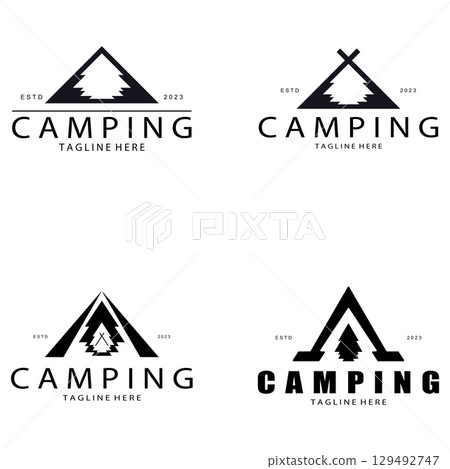 vintage and retro tent logo, camping. With tent, tree and bonfire sign. adventurers, scouts, climbers, camping equipment center 129492747