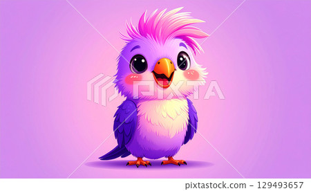 Adorable 3D-rendered cartoon cockatiel with vibrant purple, pink, and magenta feathers, big brown eyes, and a happy smile, standing on a soft pastel background. 129493657