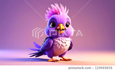 Adorable 3D-rendered cartoon cockatiel with vibrant purple, pink, and magenta feathers, big brown eyes, and a happy smile, standing on a soft pastel background. 129493658