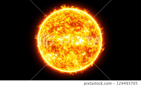 Sun showing swirling plasma patterns, bright yellow-orange surface, and solar flares at the edges against a deep black space background, fiery explosion on fire, sun in space Sun showing swirling plasma patterns, bright yellow-orange surface, and solar flares at the edges against a deep black space background, fiery explosion on fire, sun in space 129493705