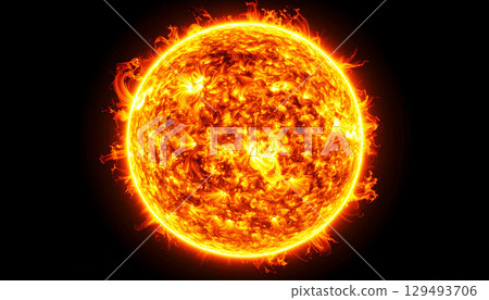 Sun showing swirling plasma patterns, bright yellow-orange surface, and solar flares at the edges against a deep black space background, fiery explosion on fire, sun in space 129493706