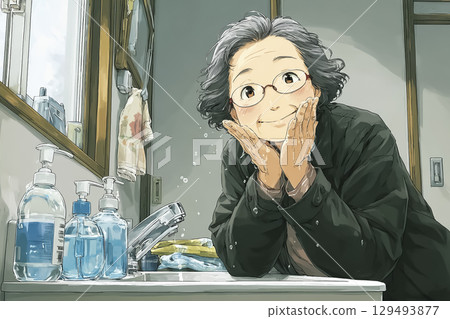 Elderly women working to prevent infectious diseases and raise awareness of hand washing in winter 129493877
