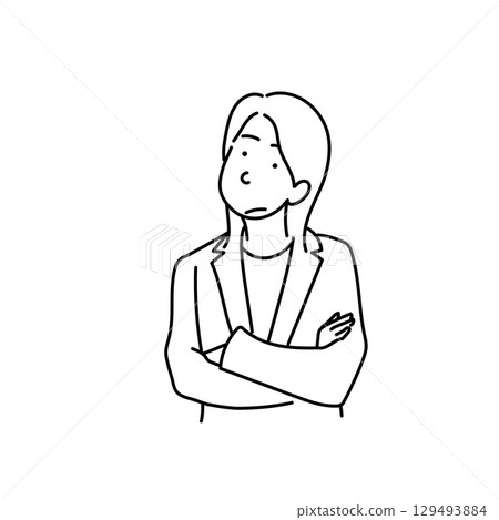 圖庫插圖: 雙臂交叉思考的女人，商業，線畫，向量，白色背景 129493884