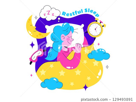 Restful Sleep Vector Illustration featuring a Sweet Dream Scene with Happy People Sleeping on a Soft Cloud and Bed for Relaxation and Calmness 129493891