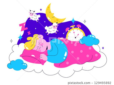 Restful Sleep Vector Illustration featuring a Sweet Dream Scene with Happy People Sleeping on a Soft Cloud and Bed for Relaxation and Calmness 129493892