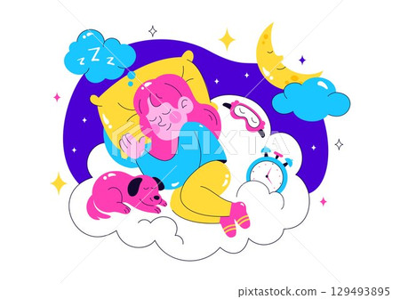 Restful Sleep Vector Illustration featuring a Sweet Dream Scene with Happy People Sleeping on a Soft Cloud and Bed for Relaxation and Calmness 129493895