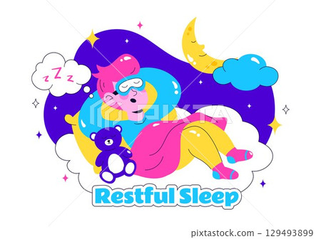 Restful Sleep Vector Illustration featuring a Sweet Dream Scene with Happy People Sleeping on a Soft Cloud and Bed for Relaxation and Calmness 129493899