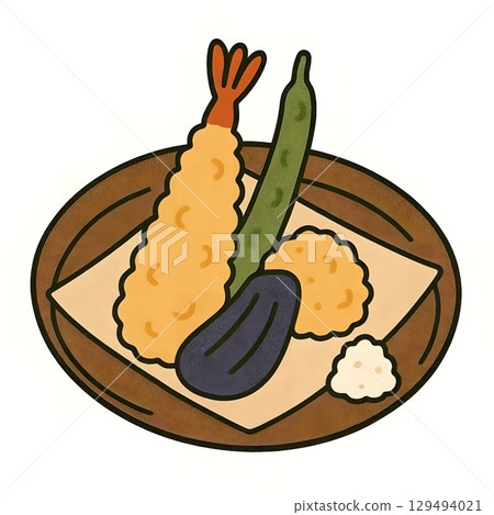 新鮮炸蔬菜和蝦天婦羅什錦圖示插圖 129494021