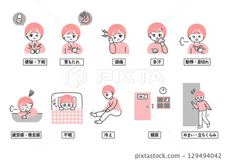 A set of illustrations of a woman showing various symptoms of poor health due to hormonal imbalance and autonomic nervous system disorders 129494042