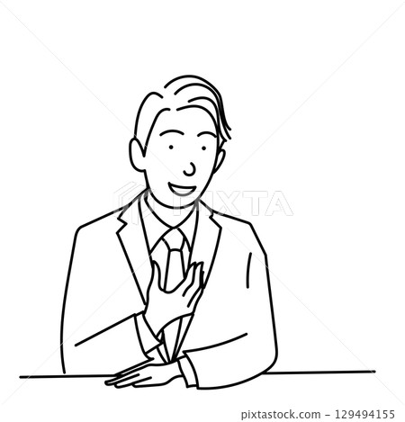 圖庫插圖: 男性商人在商業談判中談話，線條畫，向量，白色背景 129494155