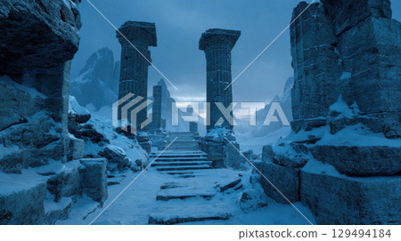 Ancient ruins snow twilight cold desolate stone columns mountain landscape serene 129494184